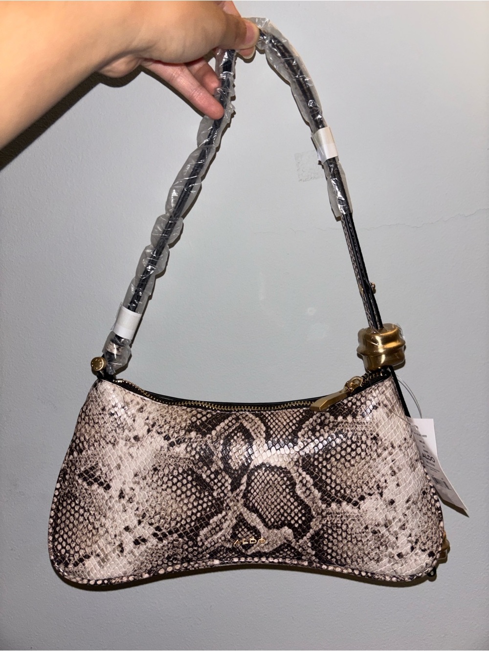 ALDO Snake-Print Shoulder Bag in Beige and Brown with Gold Hardware
